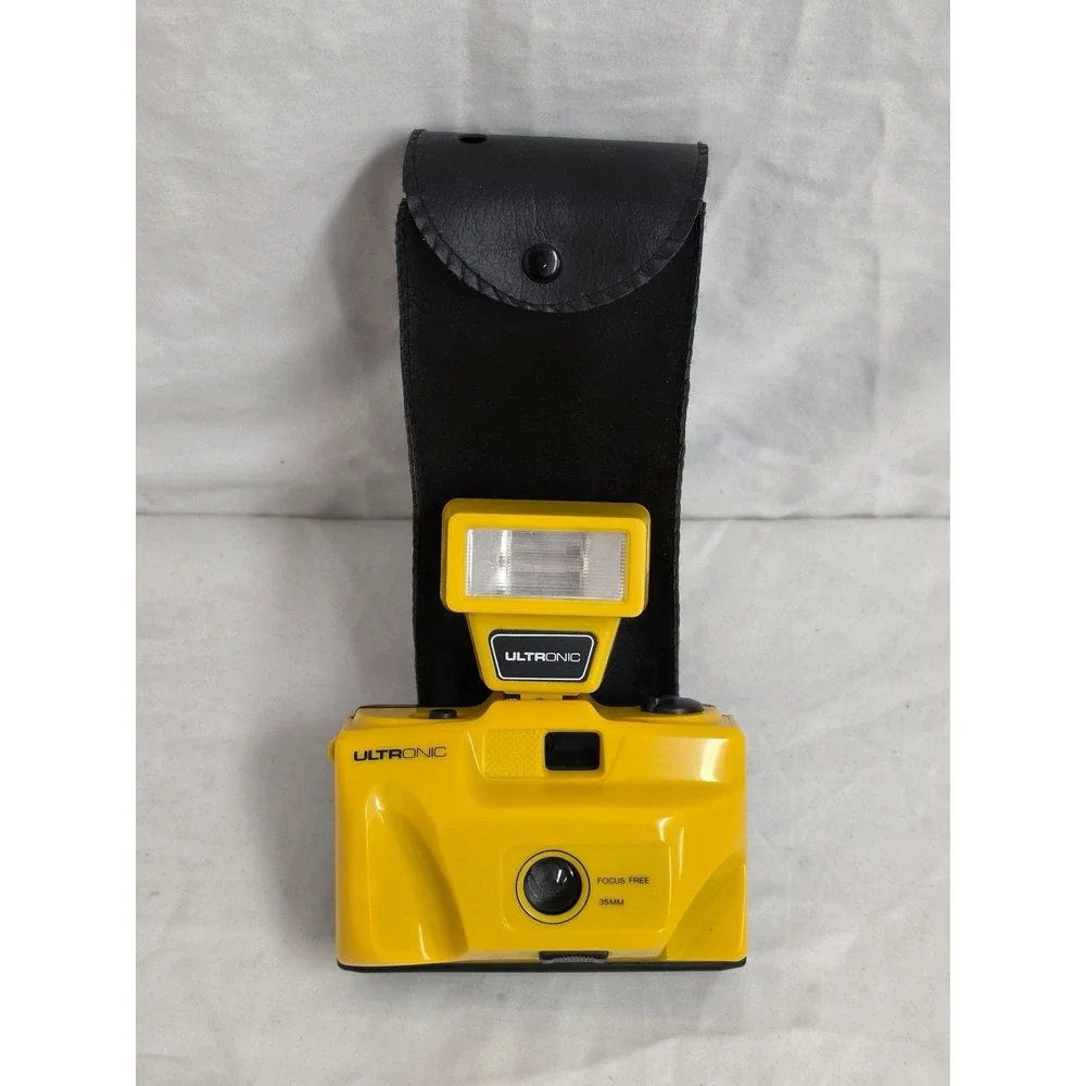 Vintage Ultronic Yellow 35mm Focus Free Film Camera w/ Flash & Case
